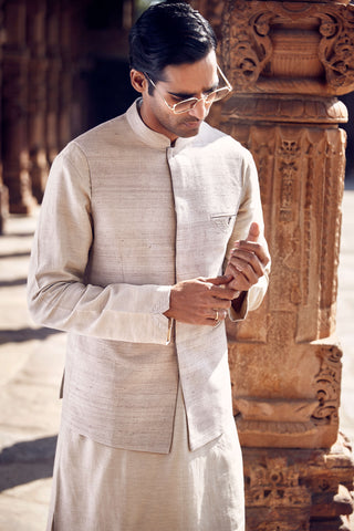 Ivory Handloom Iconic Wing Pocket Bundi And Kurta Set by Matsya Men available on Indiaspopup.com