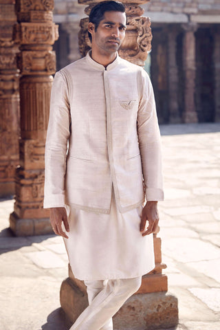 Ivory Wing Pocket Textured Bundi Jacket And Kurta Set by Matsya Men available on Indiaspopup.com