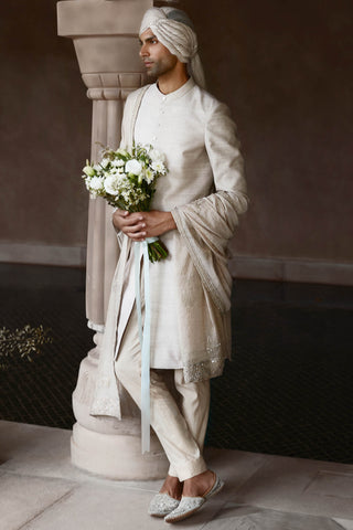 Matsya Men-Off-White Silver Ekru Sherwani And Kurta Set-INDIASPOPUP.COM