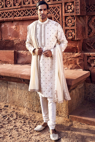 Ivory Kora Nawab Kurta Set by Matsya Men available on Indiaspopup.com