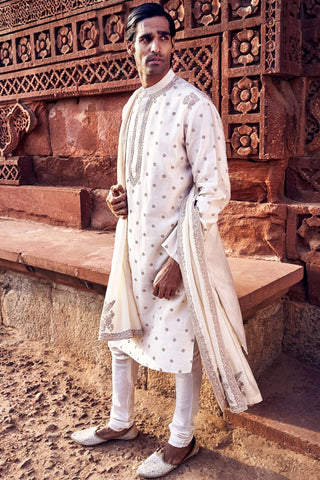 Ivory Kora Nawab Kurta Set by Matsya Men available on Indiaspopup.com