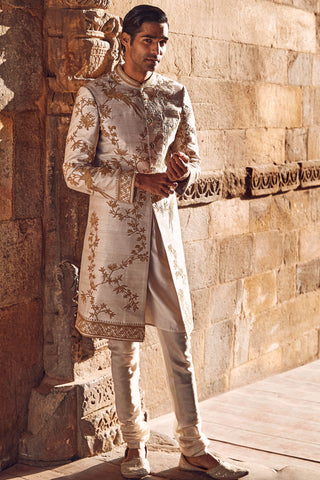 Ivory Sona Kora Achkan Set by Matsya Men available on Indiaspopup.com