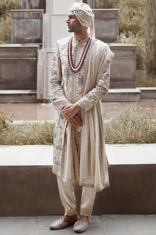 Matsya Men-Cream Udaibagh Sherwani And Kurta Set-INDIASPOPUP.COM