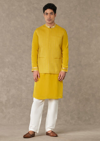 House Of Masaba Men-Corn Yellow Tissue Bandi & Kurta Set-INDIASPOPUP.COM
