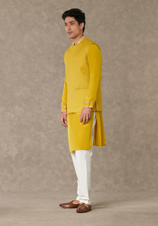 House Of Masaba Men-Corn Yellow Tissue Bandi & Kurta Set-INDIASPOPUP.COM