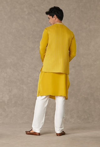 House Of Masaba Men-Corn Yellow Tissue Bandi & Kurta Set-INDIASPOPUP.COM