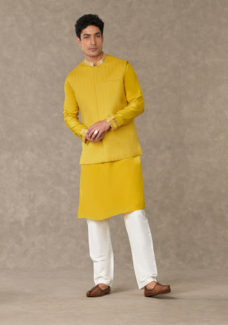 House Of Masaba Men-Corn Yellow Tissue Bandi & Kurta Set-INDIASPOPUP.COM