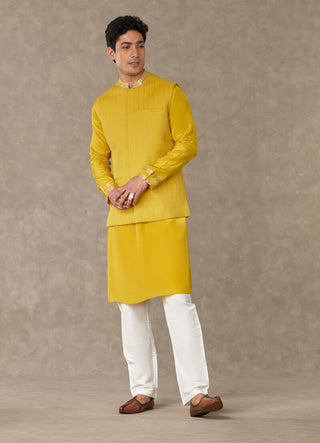 House Of Masaba Men-Corn Yellow Tissue Bandi & Kurta Set-INDIASPOPUP.COM