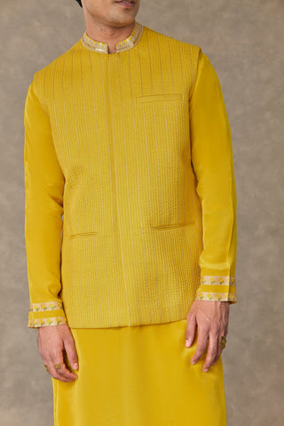 House Of Masaba Men-Corn Yellow Tissue Bandi & Kurta Set-INDIASPOPUP.COM