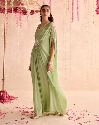 Mint green embellished full-length draped kaftan