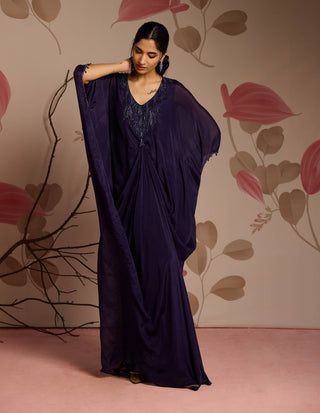 Midnight blue embellished draped full-length kaftan