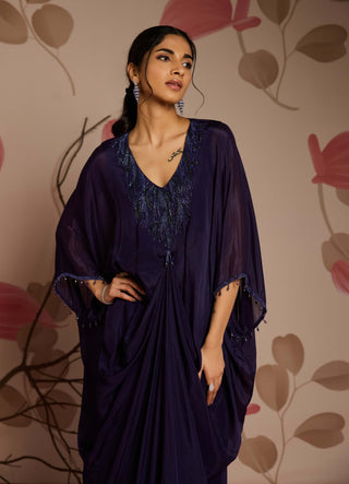 Midnight blue embellished draped full-length kaftan