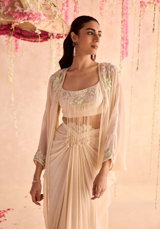 Ivory embellished choli and cape with draped skirt