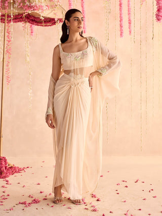 Ivory embellished choli and cape with draped skirt