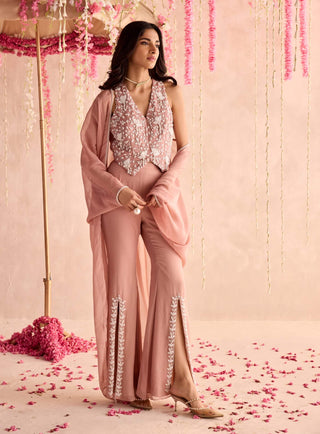 Champagne embellished waistcoat, pants and cape set