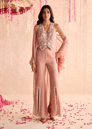 Champagne embellished waistcoat, pants and cape set