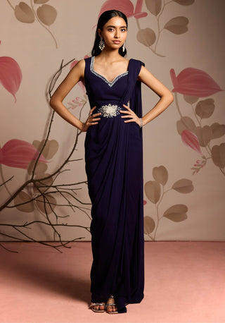 Midnight blue cape jacket and dhoti style sari with belt