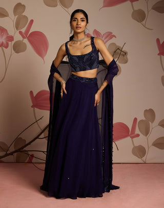Midnight blue embellished choli, cape and lehenga