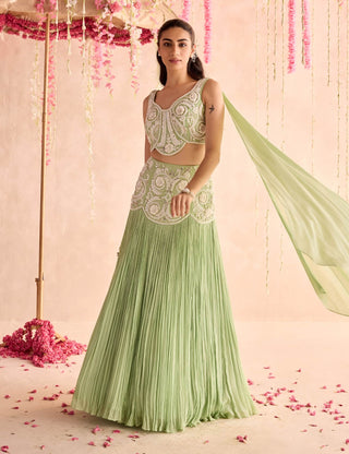 Mint green choli with attached dupatta and lehenga
