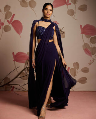 Midnight blue choli with slit sari and cape