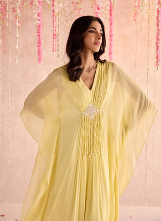 Lemon yellow embellished full-length draped kaftan