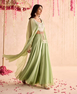 Mint green embellished choli with attached cape and sharara