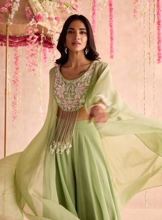 Mint green embellished choli with attached cape and sharara