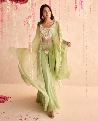 Mint green embellished choli with attached cape and sharara