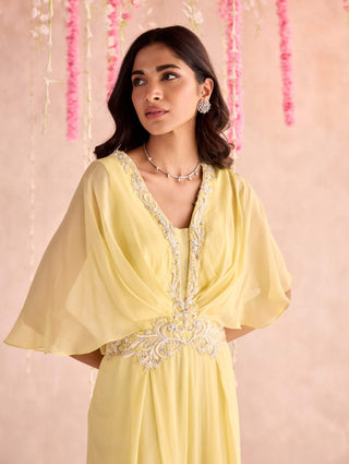 Lemon yellow embellished draped pleated jumpsuit