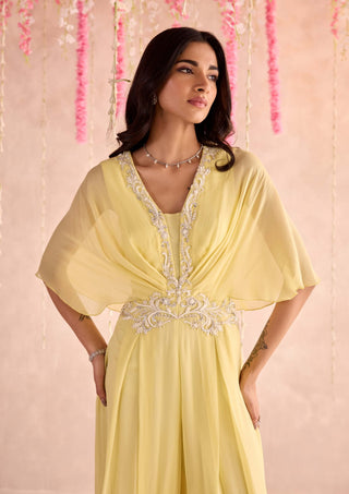 Lemon yellow embellished draped pleated jumpsuit
