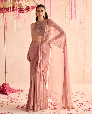 Champagne rose embellished blouse and predraped sari