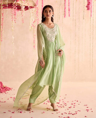 Mint green embellished pleated kurta and salwar set