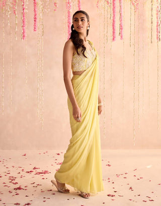 Lemon yellow embellished choli and pre-draped sari