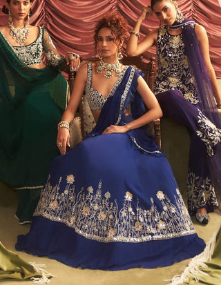 Jalebi Bai Electric Blue Pre-Draped Lehenga Sari Set by Seema Thukral available on Indiaspopup.com