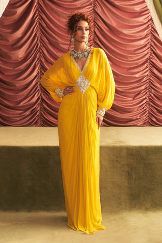 Kavita Yellow Embellished Draped Full Length Dress by Seema Thukral available on Indiaspopup.com