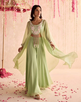 Mint green embellished choli with attached cape and sharara