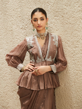 Matsya-Brown Millennial Draped Sari Set-INDIASPOPUP.COM