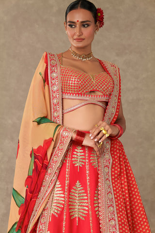 House Of Masaba-Red Paan Patti Bridal Lehenga Set-INDIASPOPUP.COM