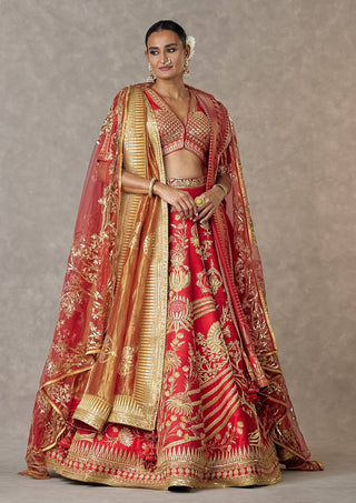 House Of Masaba-Red Bridal Lehenga, Veil And Double Dupatta Set-INDIASPOPUP.COM