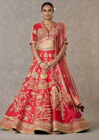 House Of Masaba-Red Bridal Lehenga And Veil Set-INDIASPOPUP.COM