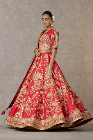 House Of Masaba-Red Bridal Lehenga And Veil Set-INDIASPOPUP.COM