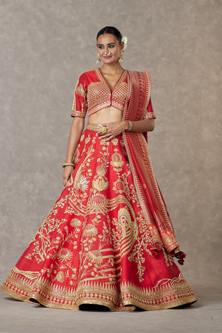 House Of Masaba-Red Bridal Lehenga And Veil Set-INDIASPOPUP.COM