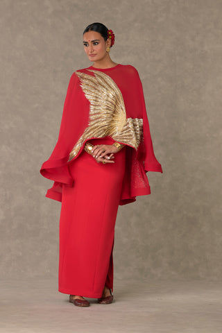 House Of Masaba-Red Son-Chidiya Gown And Cape-INDIASPOPUP.COM