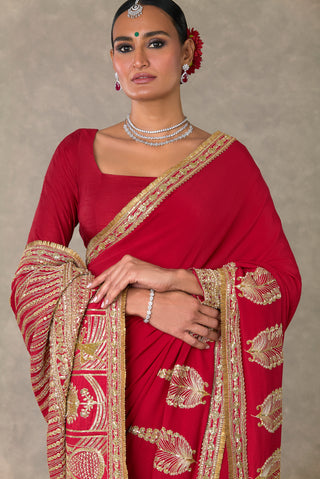 House Of Masaba-Red Son-Patti Sari With Veil And Unstitched Blouse-INDIASPOPUP.COM
