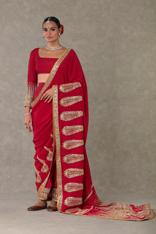 House Of Masaba-Red Son-Patti Sari With Veil, Salwar And Unstitched Blouse-INDIASPOPUP.COM