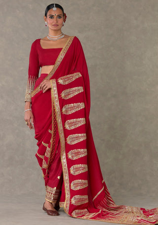 House Of Masaba-Red Son-Patti Sari With Salwar And Unstitched Blouse-INDIASPOPUP.COM