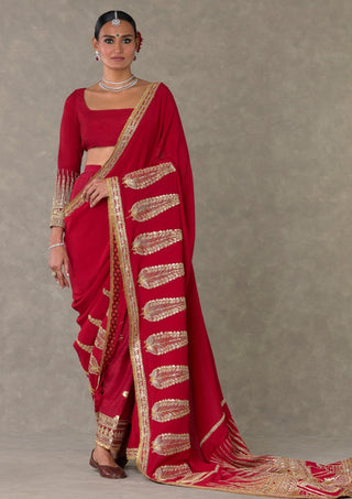 House Of Masaba-Red Son-Patti Sari With Veil, Salwar And Unstitched Blouse-INDIASPOPUP.COM