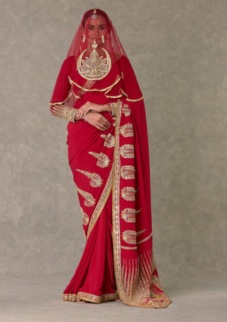 House Of Masaba-Red Son-Patti Sari With Veil And Unstitched Blouse-INDIASPOPUP.COM