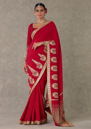 House Of Masaba-Red Son-Patti Sari And Unstitched Blouse-INDIASPOPUP.COM
