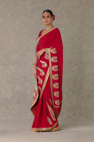 House Of Masaba-Red Son-Patti Sari With Veil And Unstitched Blouse-INDIASPOPUP.COM